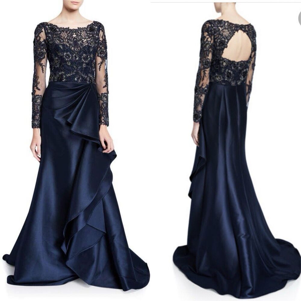 Badgley Mischka Women’s Long Sleeve Lace Gown Keyhole Back Sapphire Dress 6